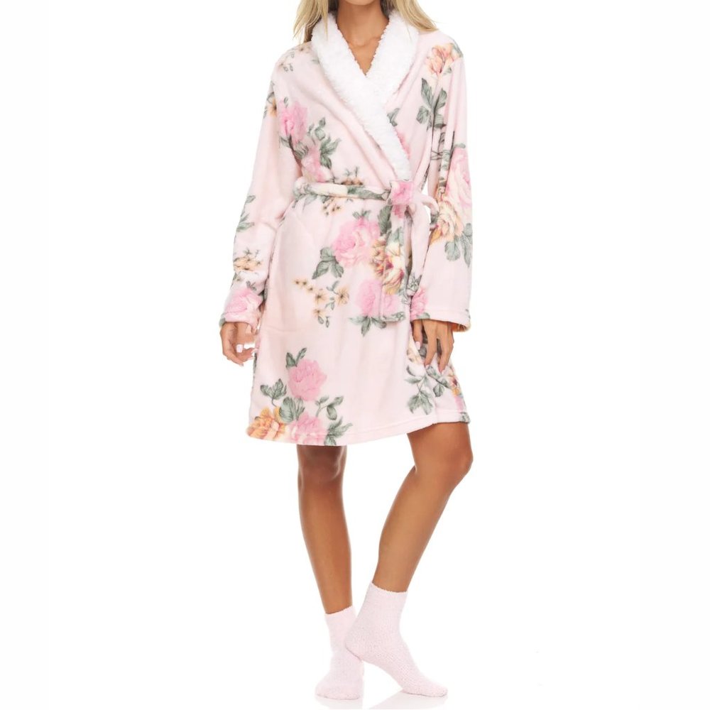 NEW Flora Nikrooz Women Joy Pink 2 Piece Short Plush Collar Robe & Sock Set - Picture 5 of 7